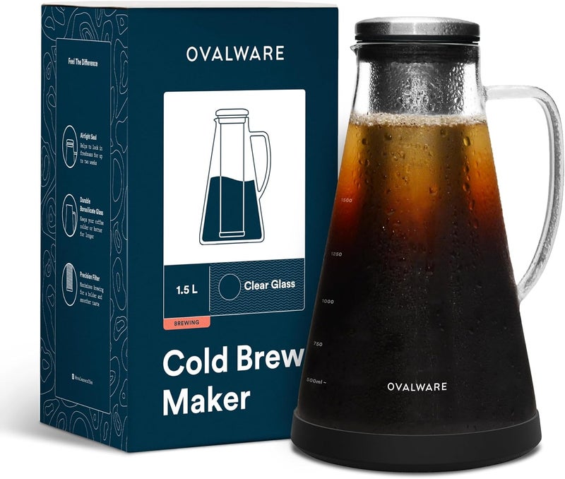 ovalware Airtight Cold Brew Iced Coffee Maker Pitcher (& Iced Tea Maker) with Spout – 1.5L/ 51oz Brewing Glass Carafe with Removable Stainless Steel Filter - Image 1